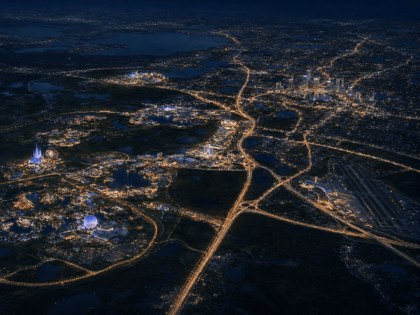 Aerial nighttime view of Greater Orlando and Central Florida