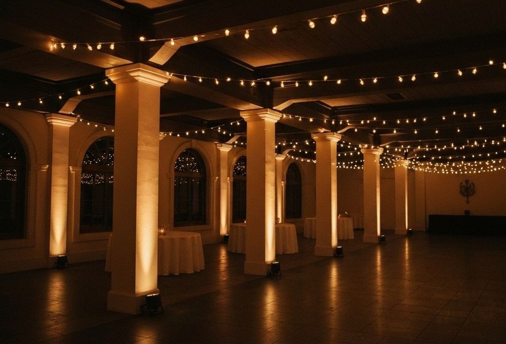 Elegant wedding event venue with sophisticated string lighting and uplighting