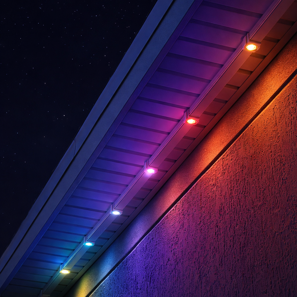 Vibrant RGB color gradient lighting on home roofline at night